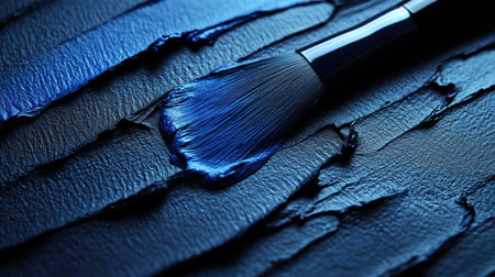 A brush coated with rich blue paint rests on a textured canvas, inspiring creativity.の素材