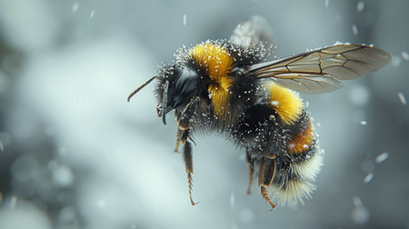 A fluffy bee flits through the air amid delicate snowflakes in a serene winter scene.の素材