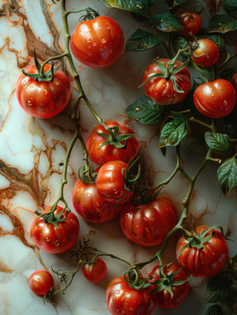 Fresh red tomatoes with dew drops rest on marbled stone, showing their natural beauty.の素材