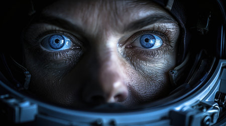 An astronaut stars intently, showcasing fierce and determination curiosity about space.の素材