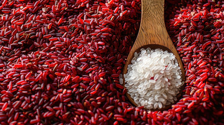 Red and white rice grains fill a wooden spoon resting on a heap of colorful rice.の素材