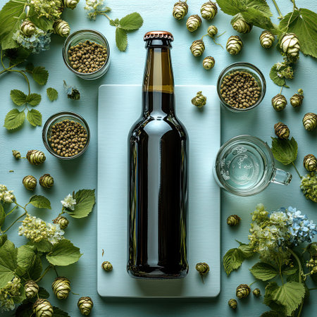A glass bottle is surrounded by hops and herbs on a blue background.の素材