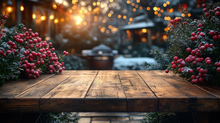 A rustic wooden table adorned with winter greenery, red berries, and twinkling lights.の素材