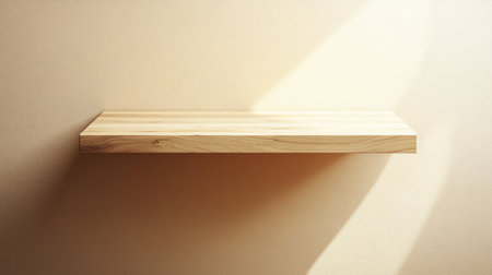 Warm light fills the room, highlighting a simple wooden shelf on the wall.の素材