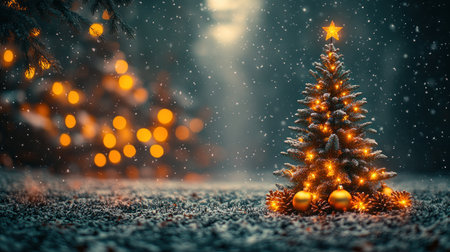 A beautifully decorated Christmas tree stands amidst falling snow and glowing lights.の素材