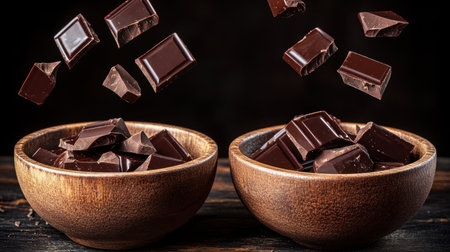 Dark chocolate squares float above two wooden bowls, inviting a delightful indulgence.の素材