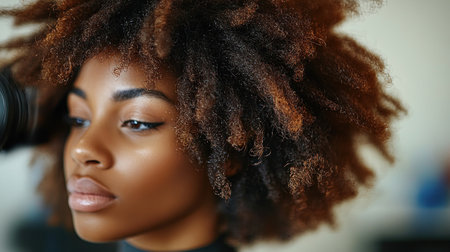 A young woman poses confidently, showing her beautiful natural curls and radiant skin.の素材