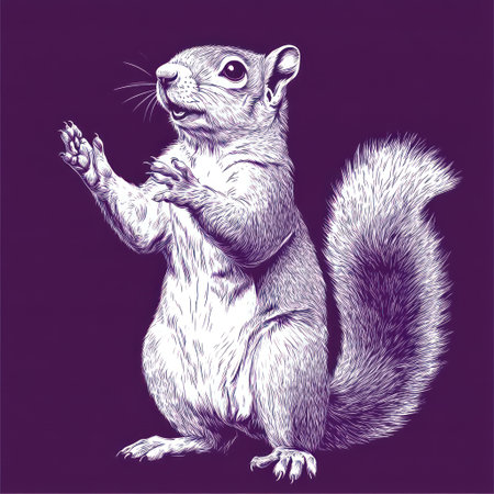 A playful squirrel holds its paws up, exploring its forest home during twilight.の素材