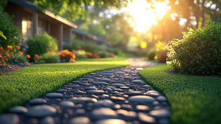 A lovely garden path winds through vibrant flowers and green grass in morning light.の素材