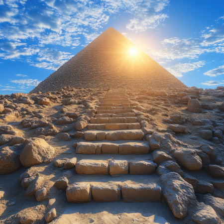 Golden sunlight illuminates the Great Pyramid, creating a stunning view at dawn.の素材