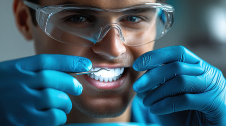 A dentist carefully examines a patient's teeth in a bright clinic.の素材