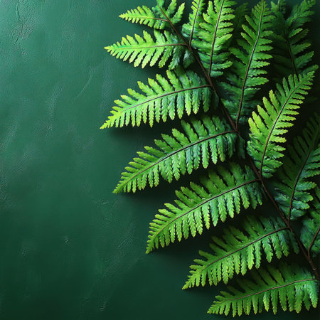Lush fern leaves artfully arranged on a deep green surface showcase nature's beauty.の素材