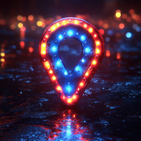 A glowing pin shape lights up the dark with blue and red hues, creating enchantment.の素材