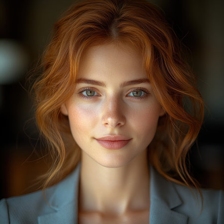 A woman with vibrant red hair gazes softly at the camera, exuding warmth and charm.の素材