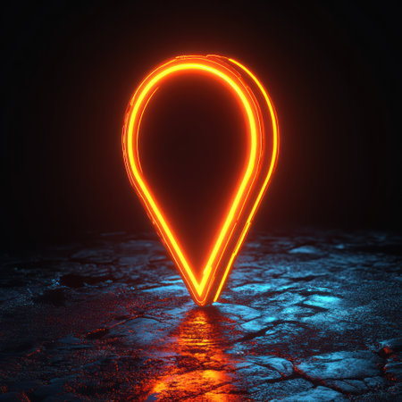 A vibrant neon marker symbol illuminates the dark space, creating a mysterious ambiance.の素材