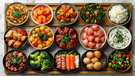 A stunning display of various dishes featuring fresh vegetables, seafood, and meats.の素材