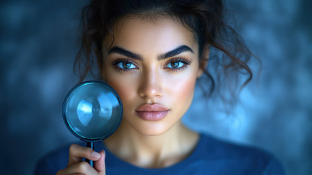Young woman explores her features with a magnifying glass in soft blue light.の素材