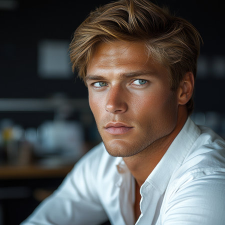 A young man gazes intently, showing off his stylish look and captivating blue eyes.の素材