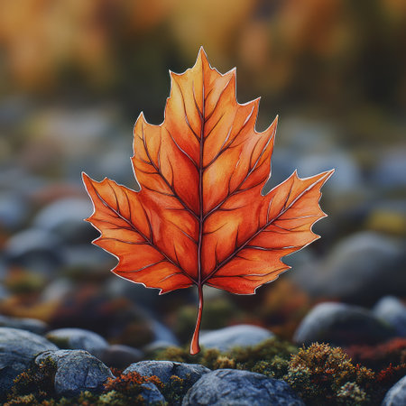A bright orange leaf on green moss, surrounded by stones, reflects autumn beauty.の素材