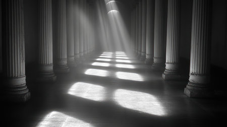Sunlight pierces through tall columns, creating soft shadows on the stone floor.の素材
