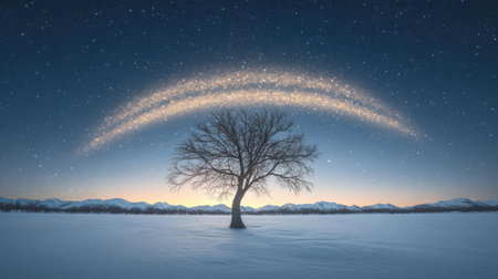 Solitary tree stands in snow as a vibrant starry arc lights up the dusk sky.の素材