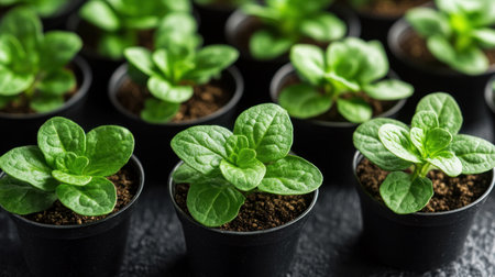 Small pots filled with vibrant green plants showcase fresh growth in a home setting.の素材