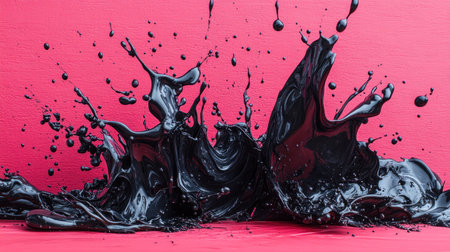 Black paint splashes on a bright pink background, highlighting motion and creativity.の素材