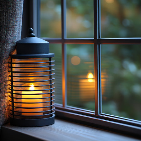 A lantern shines warmly beside a window, casting a serene glow during dusk.の素材