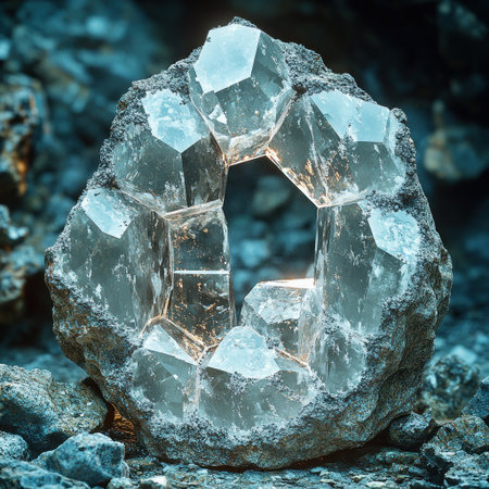 A stunning crystal cluster sparkles in a cave, illuminating dark rocks.の素材