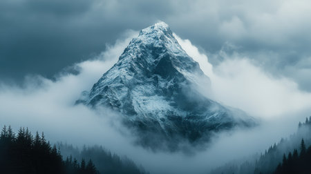 Snow covered mountain tower emerges from swirling clouds in a tranquil forest setting.の素材