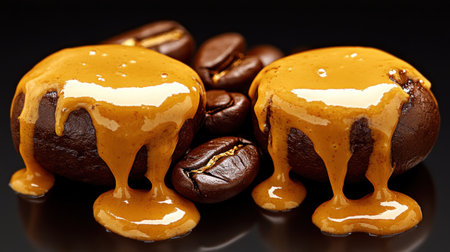 Two glossy coffee beans sit on a black surface, drizzled with golden caramel.の素材