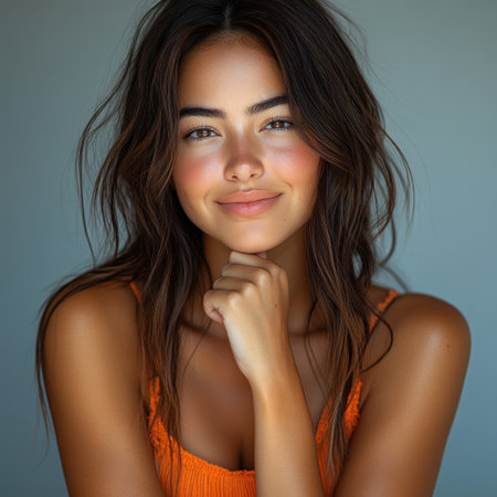 A cheerful young woman poses gracefully with her chin resting on her hand, smiling warmly.の素材