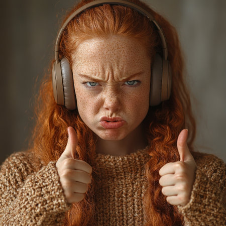 A girl with curly red hair shows her emotions while listening to music.の素材