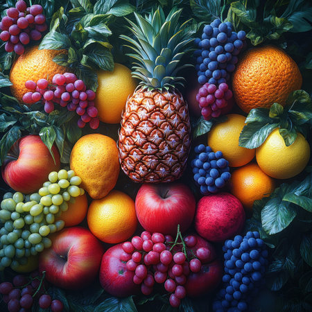 A bright array of grapes, apples, oranges, and a pineapple glistening in sunlight.の素材