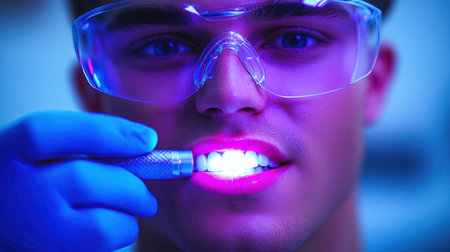 A young man receiving a cosmetic teeth whitening treatment in a dental office.の素材