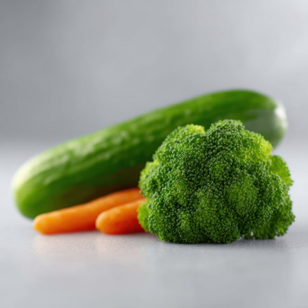 A vibrant arrangement of broccoli, cucumber, and carrots showcases healthy eating choices.の素材