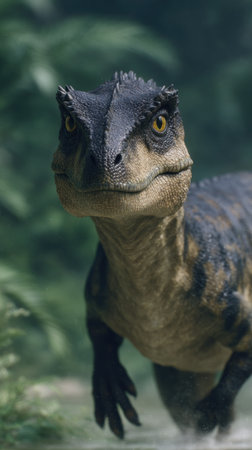 A dinosaur moves through dense foliage, displaying its vivid colors and features.の素材