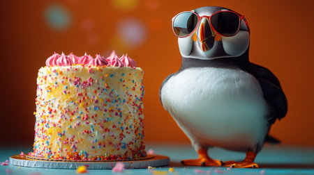 A puffin with sunglasses enjoys a vibrant birthday cake surrounded by festive decorations.の素材