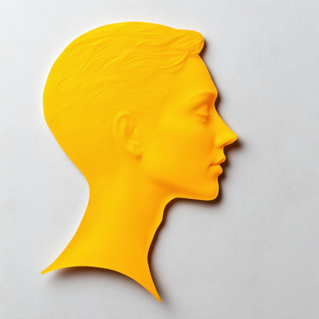 A striking yellow profile shape showcases human features against a subtle white backdrop.の素材