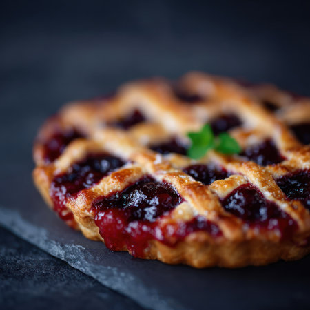 A freshly baked cherry pie with a golden crust rests on a dark slate surface.の素材