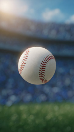 A baseball floats above a lively stadium filled with excited fans in bright sunlight.の素材
