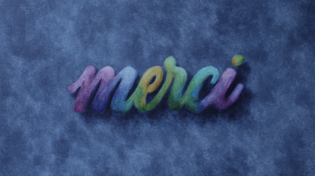 A vibrant merci in playful colors on a soft blue backdrop, embodying gratitude.の素材