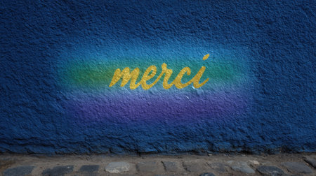 Colorful mural featuring the word merci shines vibrantly against a blue background.の素材