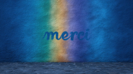 A vibrant wall in an urban setting showcases the word 'merci.'の素材