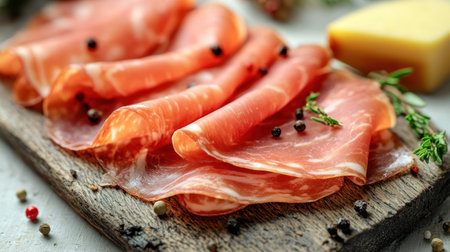 Thinly sliced cured meats beautifully arranged on a wooden board with spices and herbs.の素材