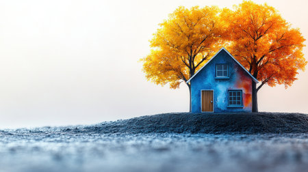 Colorful house surrounded by radiant autumn trees creates a tranquil haven at sunset.の素材