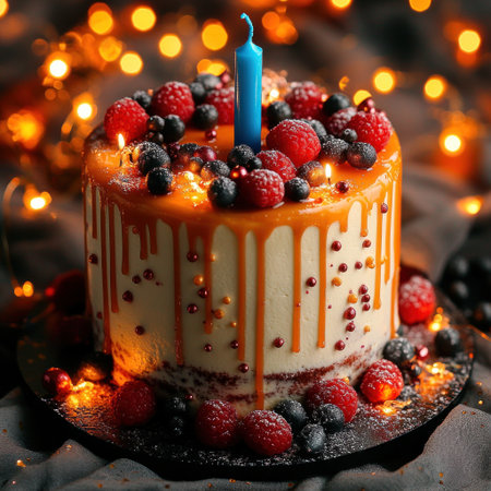 A colorful cake adorned with fresh berries and a glowing candle offers a sweet delight.の素材