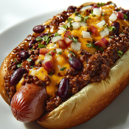 Enjoying a delicious chili cheese hot dog at a summer gathering.の素材