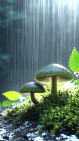 Mushrooms emerge amidst soft moss while rain lightly falls in a lush forest area.の素材