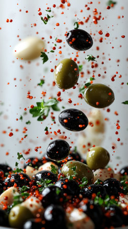 Varied olives float, dusted with colorful spices and herbs.の素材